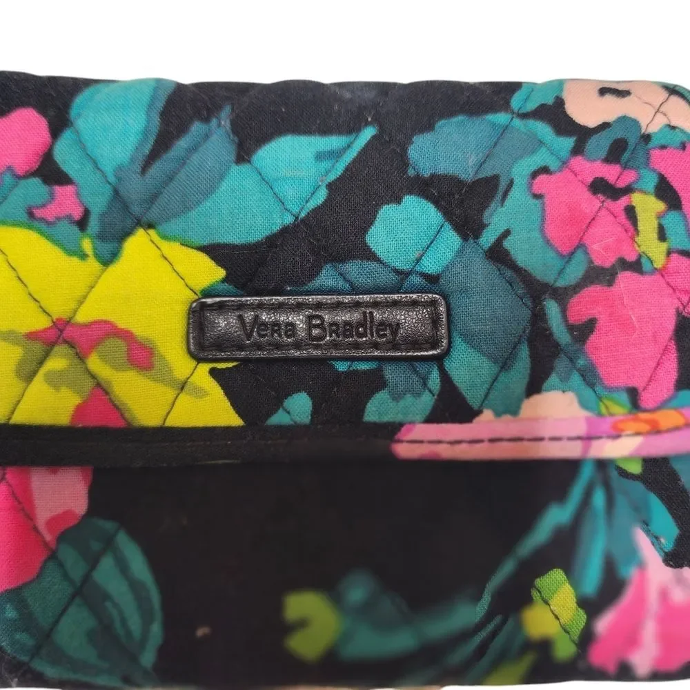 Vera Bradley Euro Wallet Black Hilo Meadow Magenta Quilted Fabric Fold Over Snap